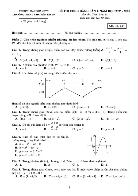 đề thi công bằng toán 12 lần 1 năm 2025 – 2026 trường thpt chuyên khtn – hà nội