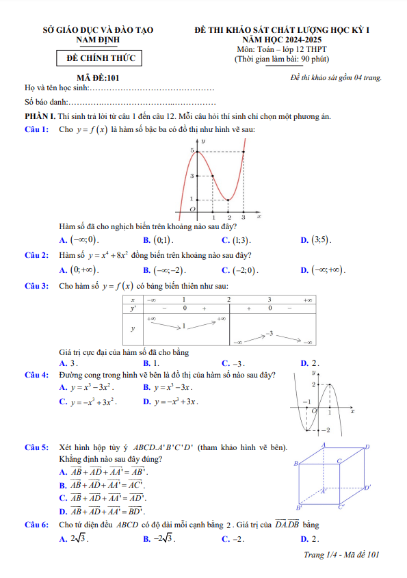 đề thi học kỳ 1 toán 12 năm 2024 – 2025 sở gd&đt nam định