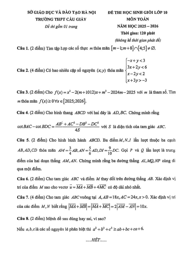 đề thi học sinh giỏi toán 10 năm 2025 – 2026 trường thpt cầu giấy – hà nội