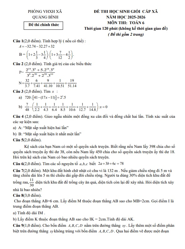 đề thi học sinh giỏi toán 6 năm 2025 – 2026 xã quảng bình – thanh hóa