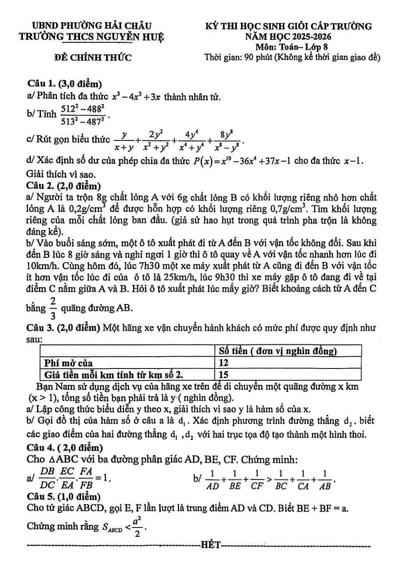 đề thi học sinh giỏi toán 8 năm 2025 – 2026 trường thcs nguyễn huệ – đà nẵng