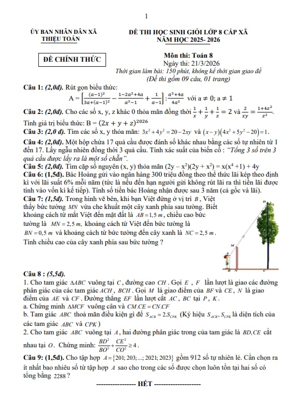 đề thi học sinh giỏi toán 8 năm 2025 – 2026 xã thiệu toán – thanh hóa