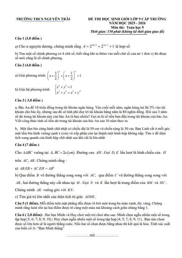 đề thi học sinh giỏi toán 9 năm 2025 – 2026 trường thcs nguyễn trãi – nghệ an