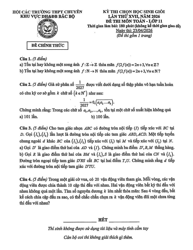 Tài liệu đề thi hsg toán 11 lần 17 năm 2026 hội các trường thpt chuyên dh&đb bắc bộ