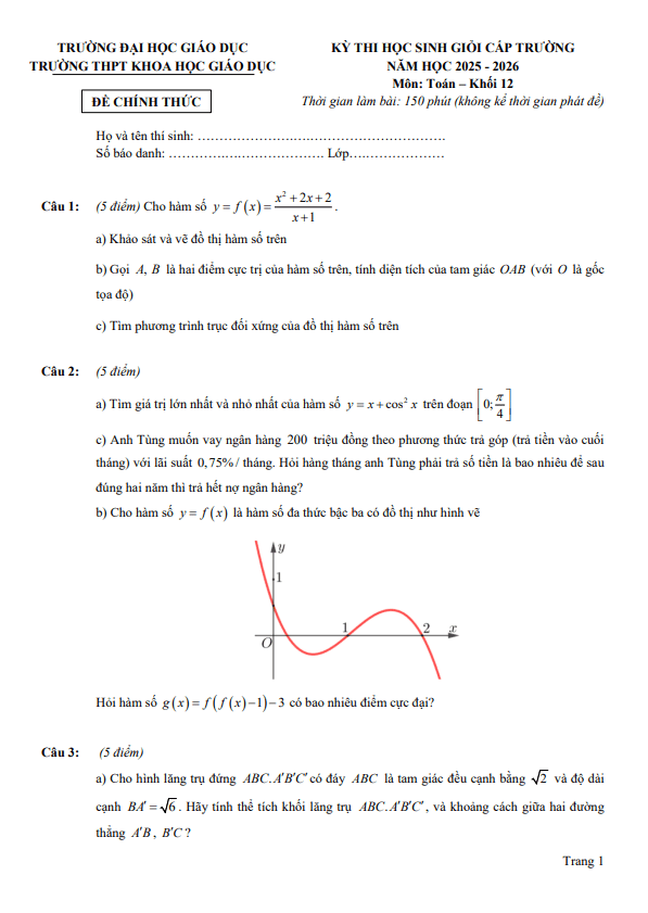 đề thi hsg toán 12 năm 2025 – 2026 trường thpt khoa học giáo dục – hà nội