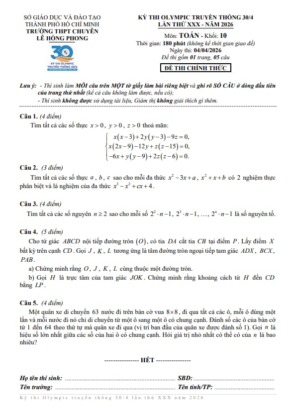 Tài liệu đề thi olympic 30 tháng 04 năm 2026 toán 10 trường chuyên lê hồng phong – tp hcm