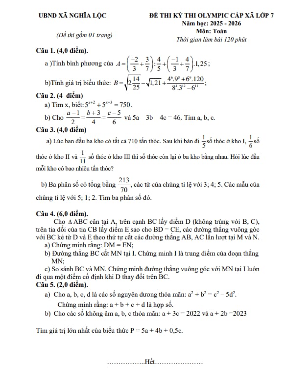 đề thi olympic cấp xã toán 7 năm 2025 – 2026 xã nghĩa lộc – nghệ an