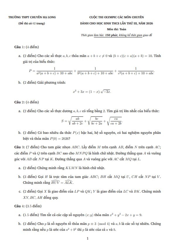 đề thi olympic chuyên toán thcs lần 3 năm 2026 trường chuyên hạ long – quảng ninh