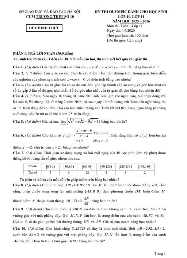 đề thi olympic toán 11 năm 2025 – 2026 cụm trường thpt số 10 – hà nội