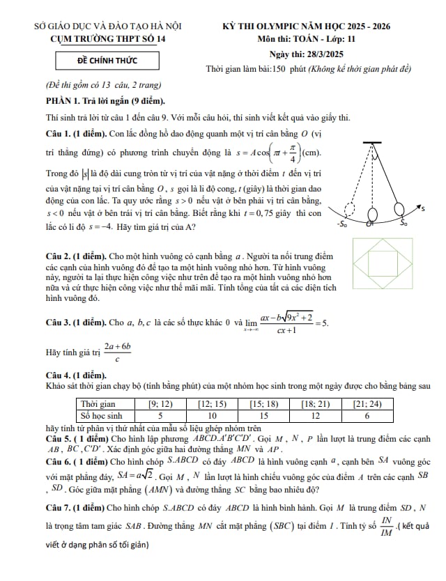 đề thi olympic toán 11 năm 2025 – 2026 cụm trường thpt số 14 – hà nội