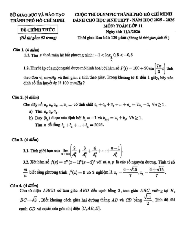 Tài liệu đề thi olympic toán 11 năm 2025 – 2026 sở gd&đt tp hồ chí minh