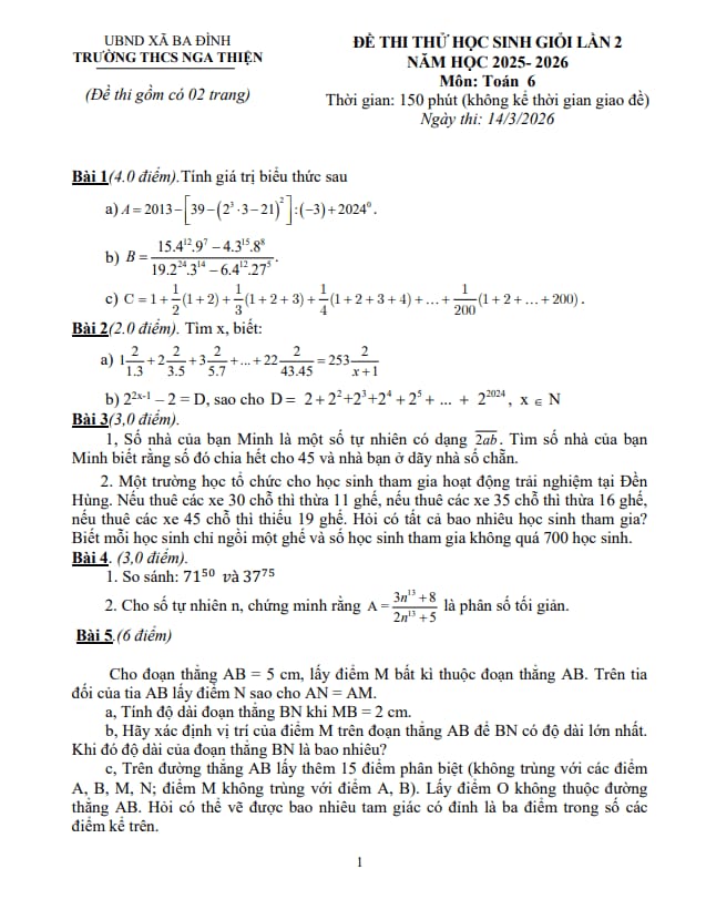 đề thi thử hsg toán 6 lần 2 năm 2025 – 2026 trường thcs nga thiện – thanh hóa