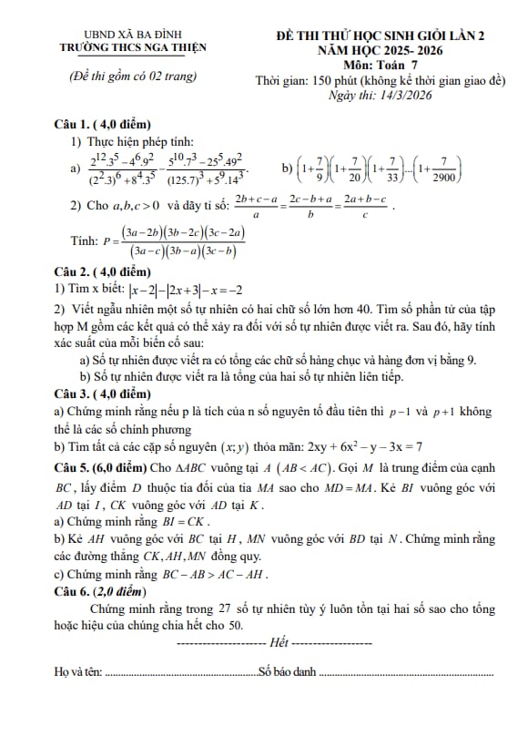 đề thi thử hsg toán 7 lần 2 năm 2025 – 2026 trường thcs nga thiện – thanh hóa
