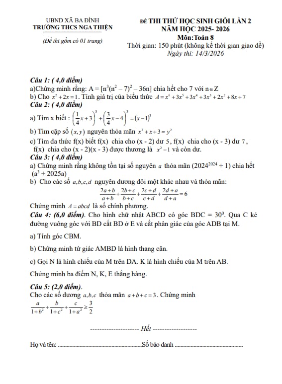 đề thi thử hsg toán 8 lần 2 năm 2025 – 2026 trường thcs nga thiện – thanh hóa