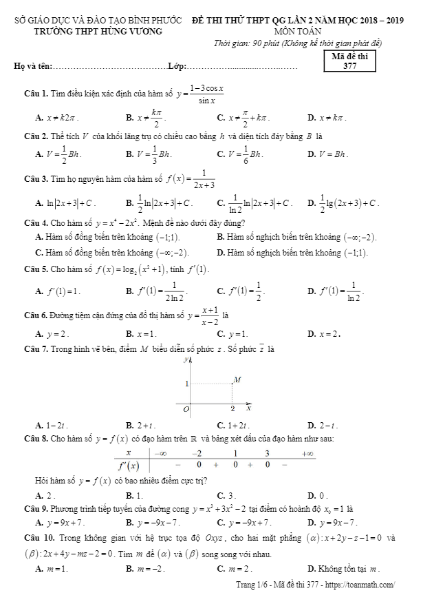 đề thi thử thpt qg 2019 môn toán lần 2 trường hùng vương – bình phước