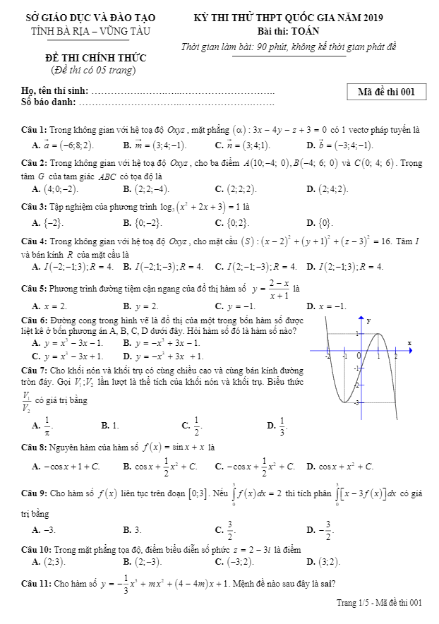 đề thi thử thpt quốc gia 2019 môn toán sở gd&đt bà rịa – vũng tàu
