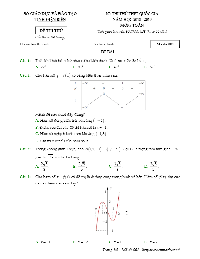 đề thi thử thpt quốc gia 2019 môn toán sở gd&đt điện biên