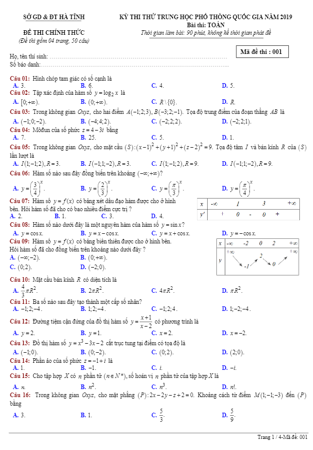 đề thi thử thpt quốc gia 2019 môn toán sở gd&đt hà tĩnh