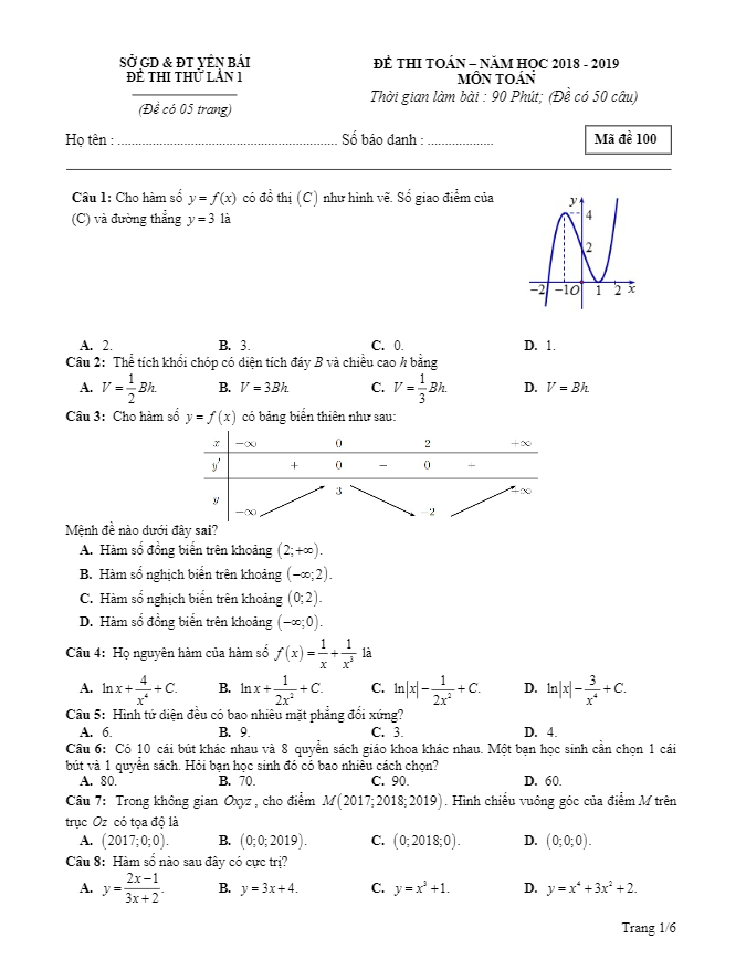 đề thi thử thpt quốc gia 2019 môn toán sở gd&đt yên bái