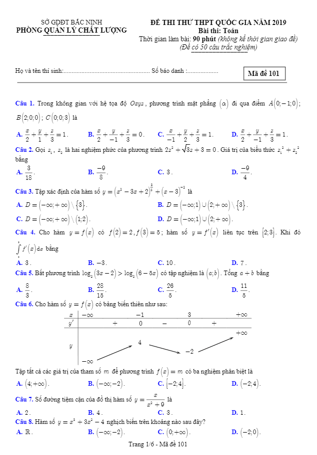 đề thi thử thpt quốc gia 2019 môn toán sở gd và đt bắc ninh