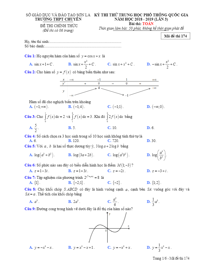 đề thi thử thpt quốc gia 2019 môn toán trường thpt chuyên sơn la lần 3