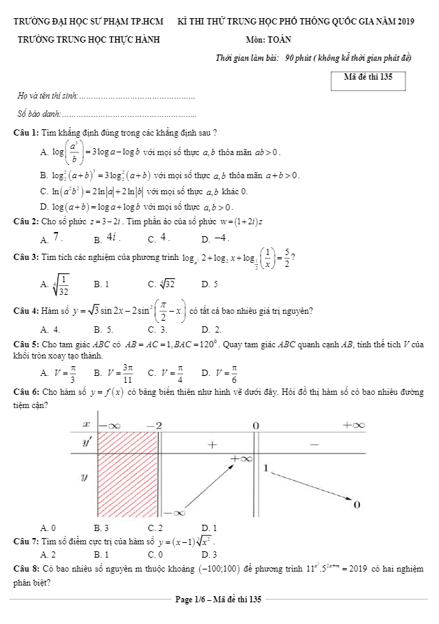 đề thi thử thpt quốc gia 2019 môn toán trường thpt thực hành – tp hcm