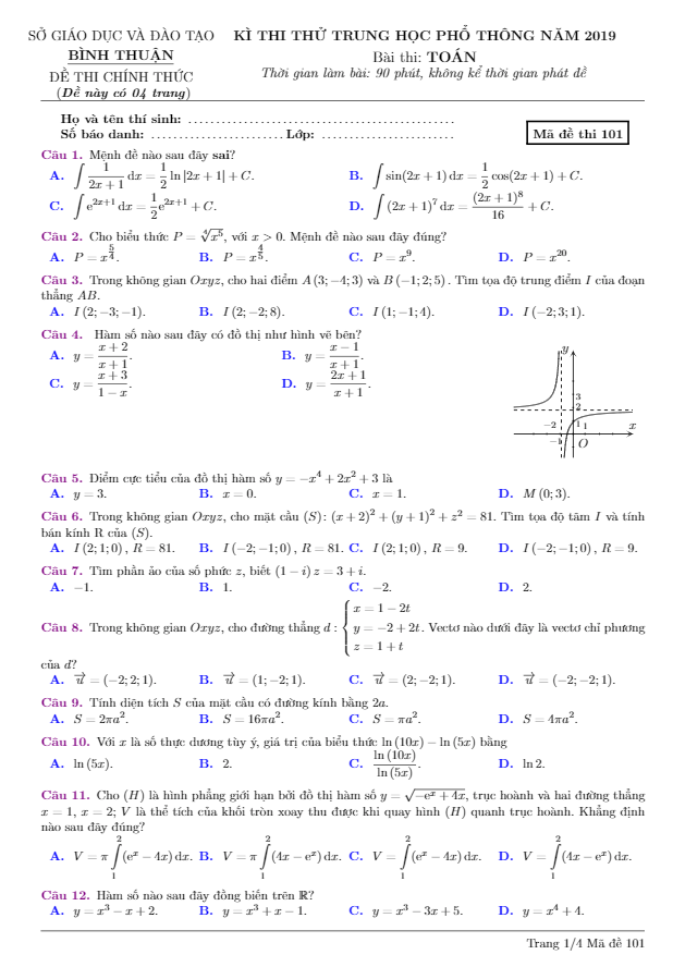 đề thi thử thpt quốc gia môn toán năm 2019 sở gd&đt bình thuận