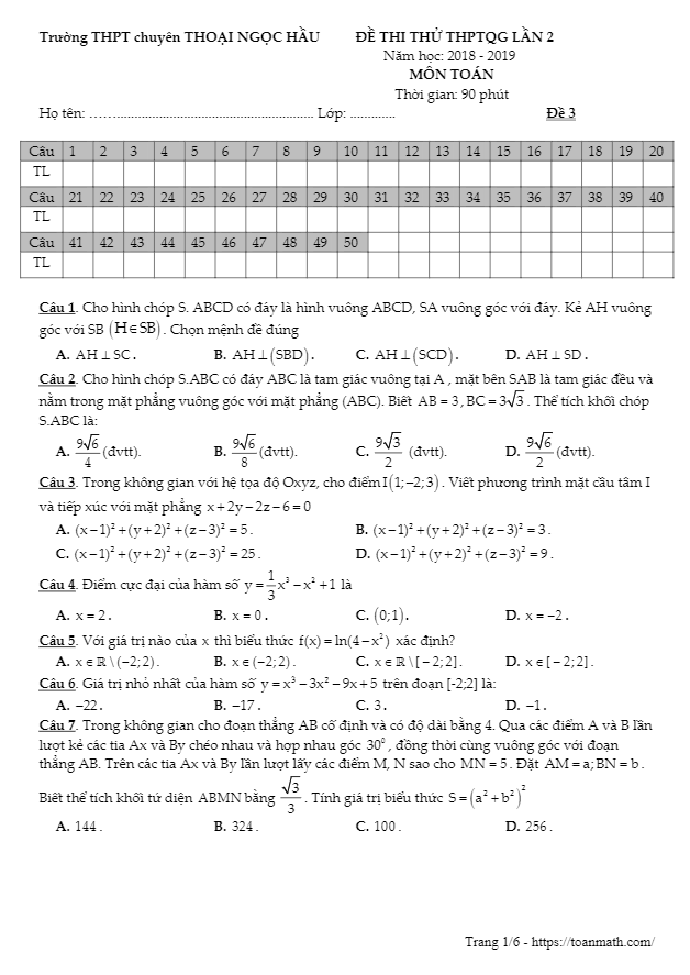 đề thi thử thptqg 2019 lần 2 môn toán trường chuyên thoại ngọc hầu – an giang