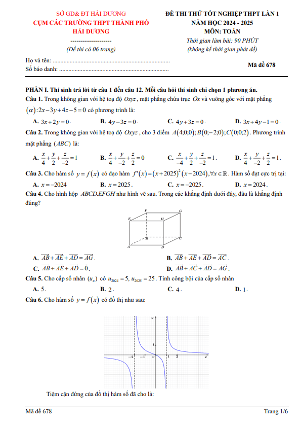 đề thi thử tn thpt 2025 lần 1 môn toán cụm các trường thpt tp hải dương