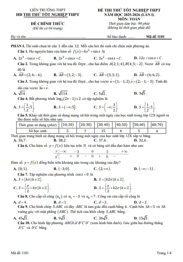 đề thi thử tn thpt 2026 lần 1 môn toán liên trường thpt – hà nội