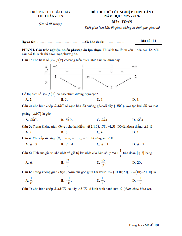 Tài liệu đề thi thử tn thpt 2026 lần 1 môn toán trường thpt bãi cháy – quảng ninh