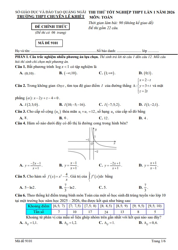 đề thi thử tn thpt 2026 môn toán lần 1 trường chuyên lê khiết – quảng ngãi