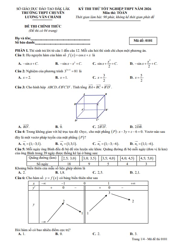 đề thi thử tn thpt 2026 môn toán trường chuyên lương văn chánh – đắk lắk