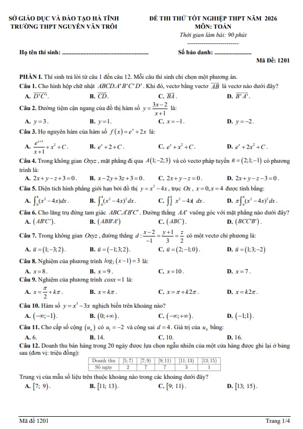 đề thi thử tn thpt 2026 môn toán trường thpt nguyễn văn trỗi – hà tĩnh