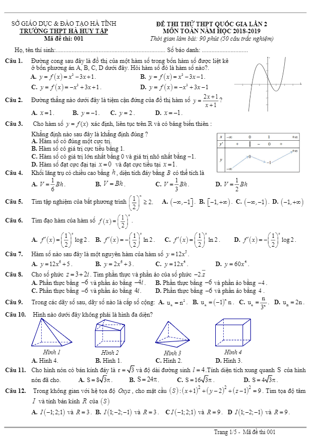 đề thi thử toán thpt quốc gia 2019 lần 2 trường hà huy tập – hà tĩnh