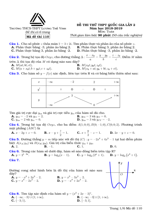 đề thi thử toán thpt quốc gia 2019 lần 2 trường lương thế vinh – hà nội
