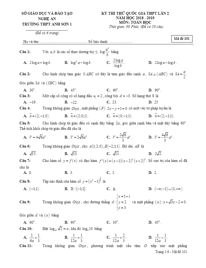 đề thi thử toán thpt quốc gia 2019 lần 2 trường thpt anh sơn 1 – nghệ an