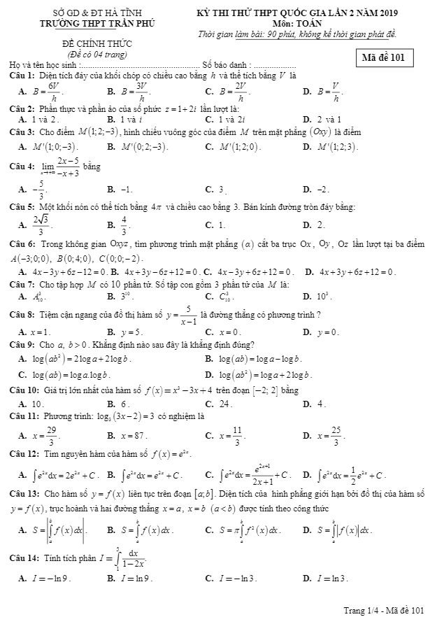 đề thi thử toán thpt quốc gia 2019 lần 2 trường trần phú – hà tĩnh