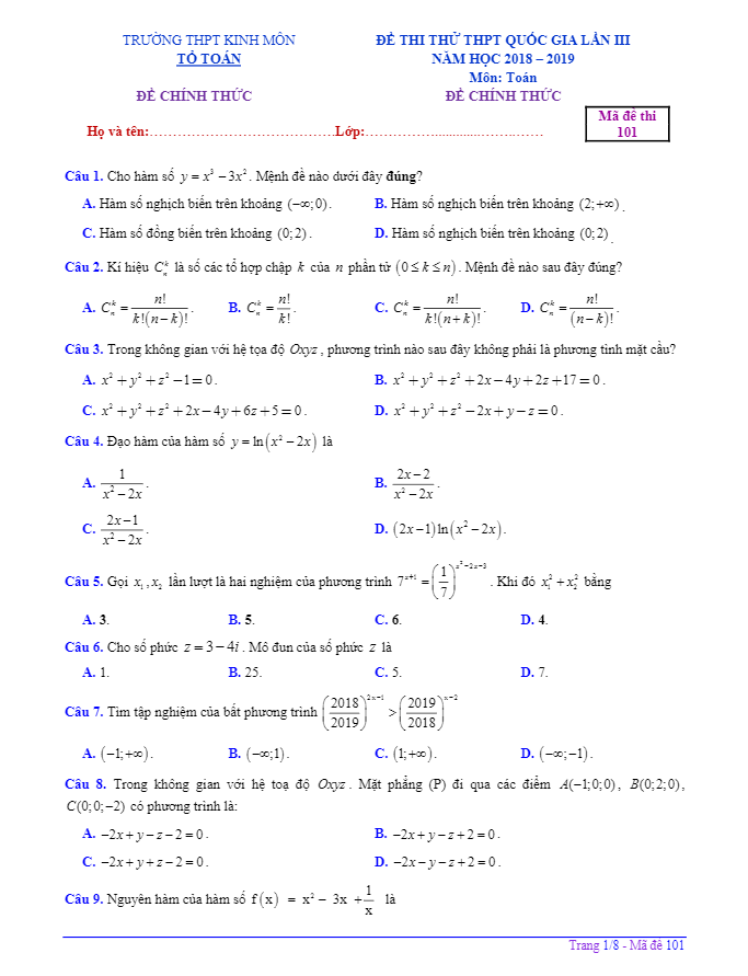 đề thi thử toán thpt quốc gia 2019 lần 3 trường kinh môn – hải dương