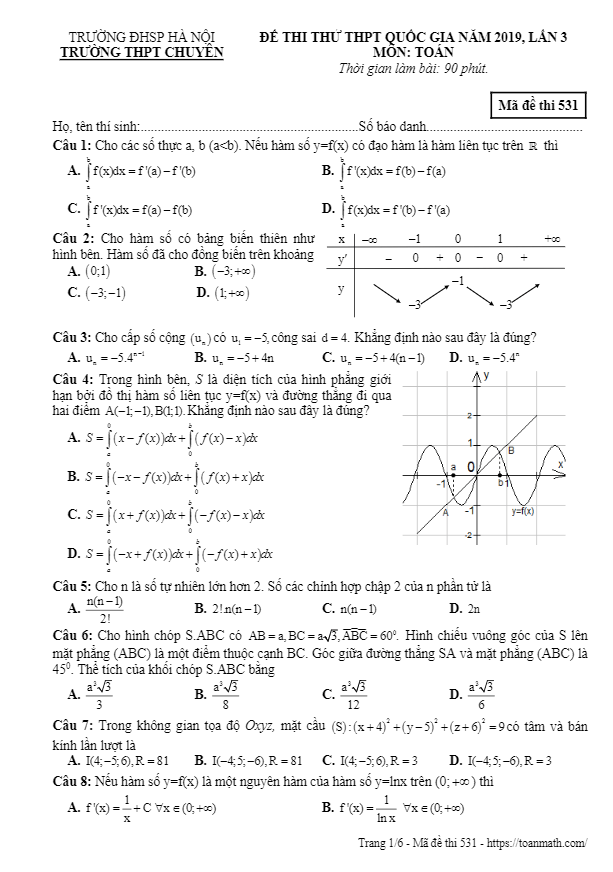đề thi thử toán thpt quốc gia 2019 lần 3 trường thpt chuyên đhsp hà nội
