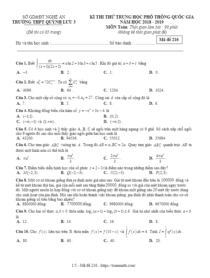 đề thi thử toán thpt quốc gia 2019 trường quỳnh lưu 3 – nghệ an