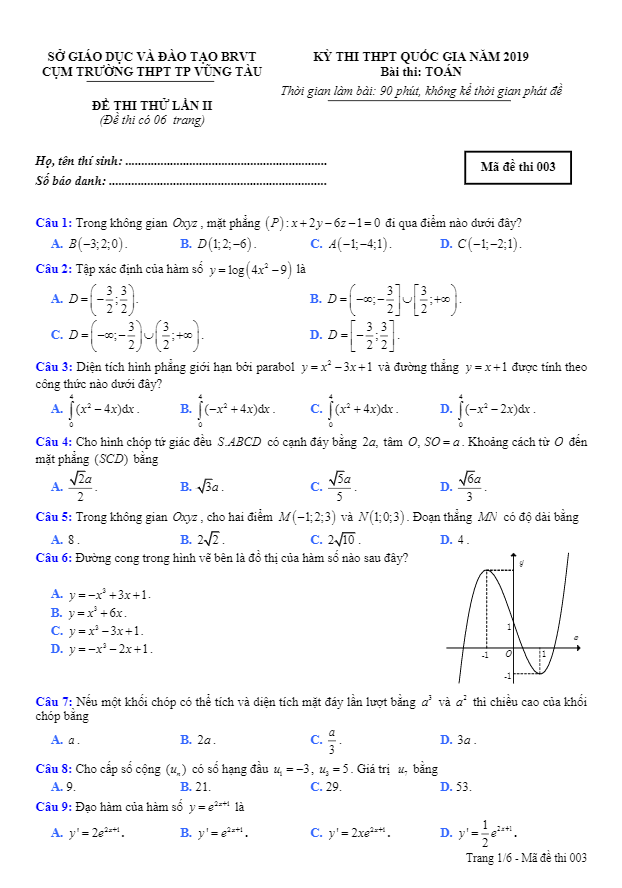 đề thi thử toán thpt quốc gia 2019 trường thpt tp vũng tàu lần 2