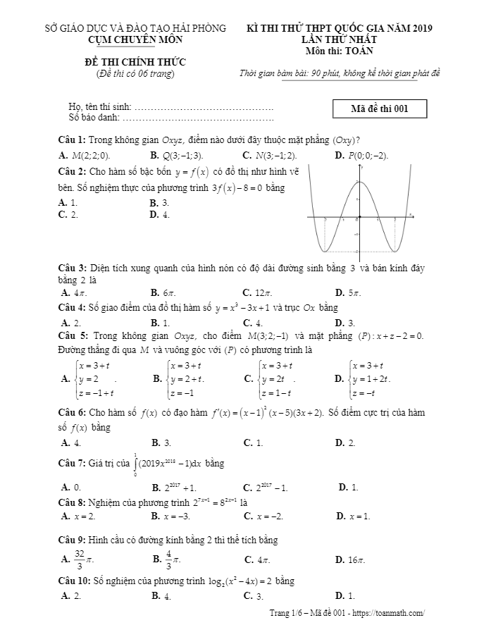 đề thi thử toán thptqg 2019 lần 1 cụm chuyên môn sở gd&đt hải phòng