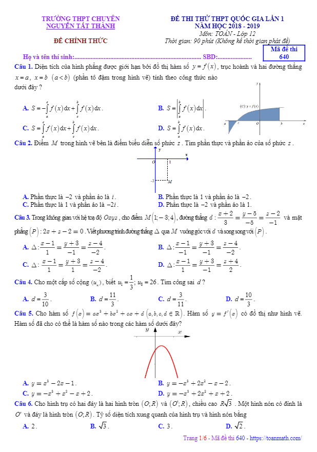đề thi thử toán thptqg 2019 lần 1 trường chuyên nguyễn tất thành – yên bái