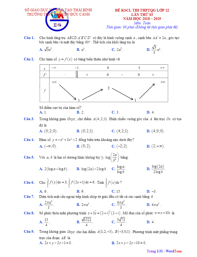 đề thi thử toán thptqg 2019 lần 3 trường nguyễn đức cảnh – thái bình