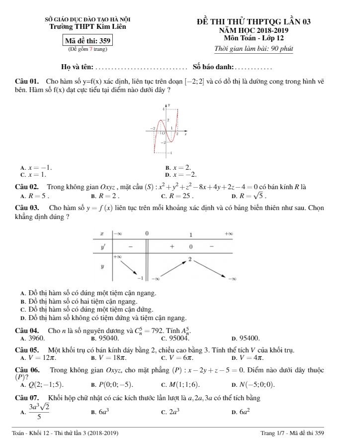 đề thi thử toán thptqg 2019 lần 3 trường thpt kim liên – hà nội