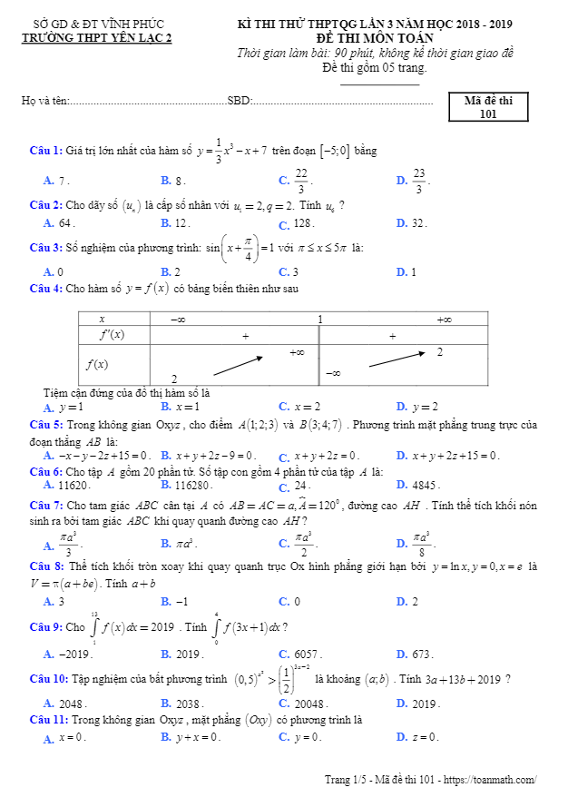đề thi thử toán thptqg 2019 lần 3 trường thpt yên lạc 2 – vĩnh phúc
