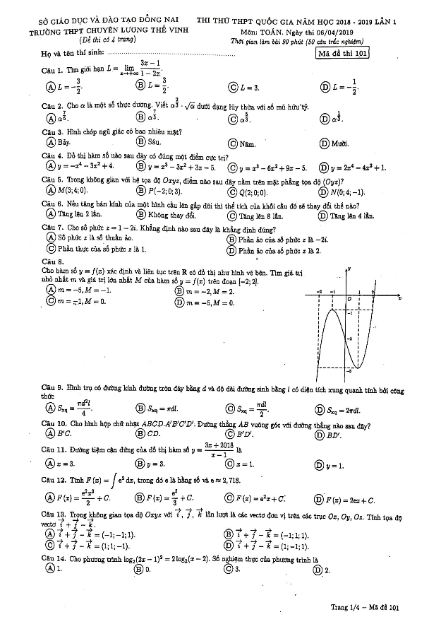 đề thi thử toán thptqg 2019 trường chuyên lương thế vinh – đồng nai lần 1