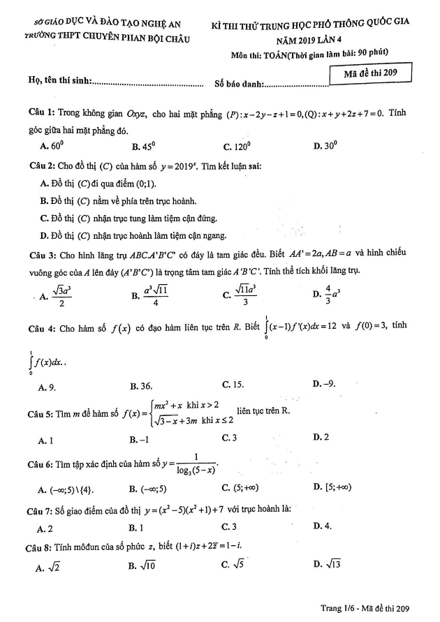 đề thi thử toán thptqg 2019 trường chuyên phan bội châu – nghệ an lần 4