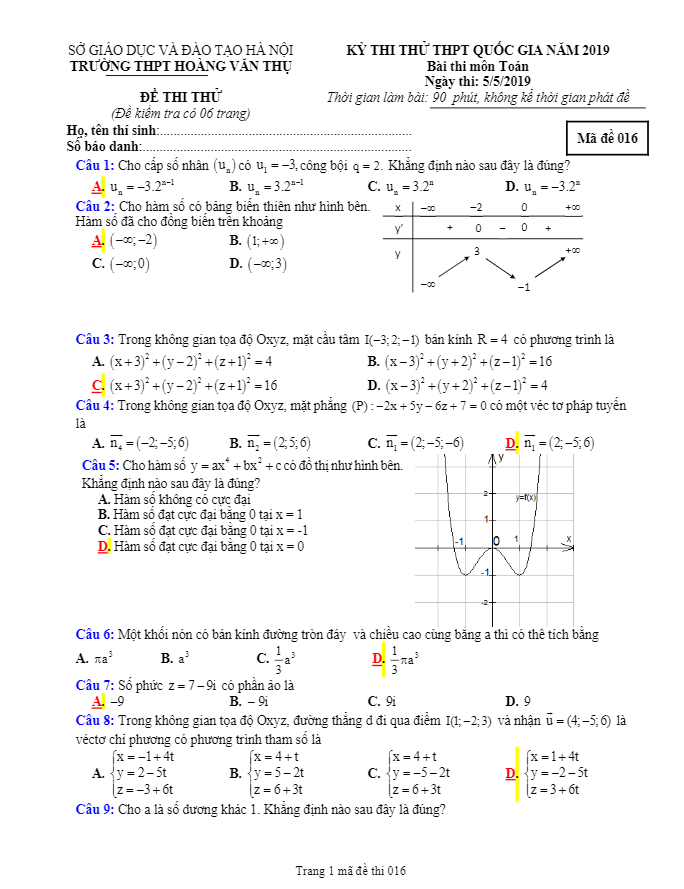 đề thi thử toán thptqg 2019 trường thpt hoàng văn thụ – hà nội